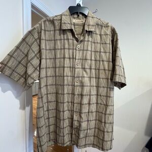 Tommy Bahama Beige and Brown Plaid Short-Sleeve Button-Up Shirt Size L